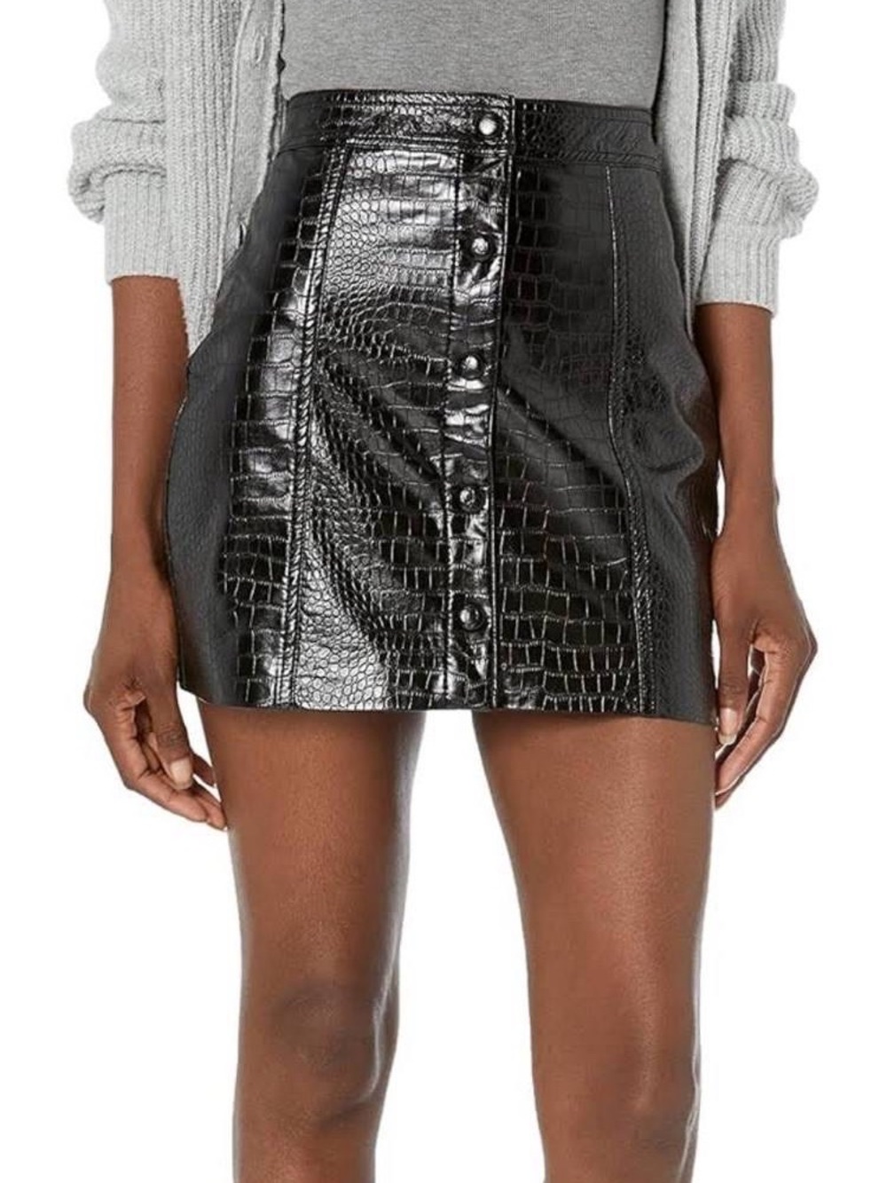 Blank NYC Black Croc-Embossed Faux Leather Button-Front Mini Skirt